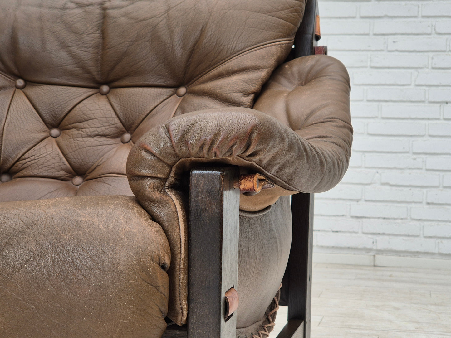 1970s, Scandinavian design, chair in safari style, original condition, leather.