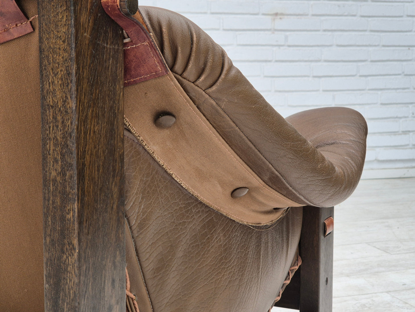 1970s, Scandinavian design, chair in safari style, original condition, leather.