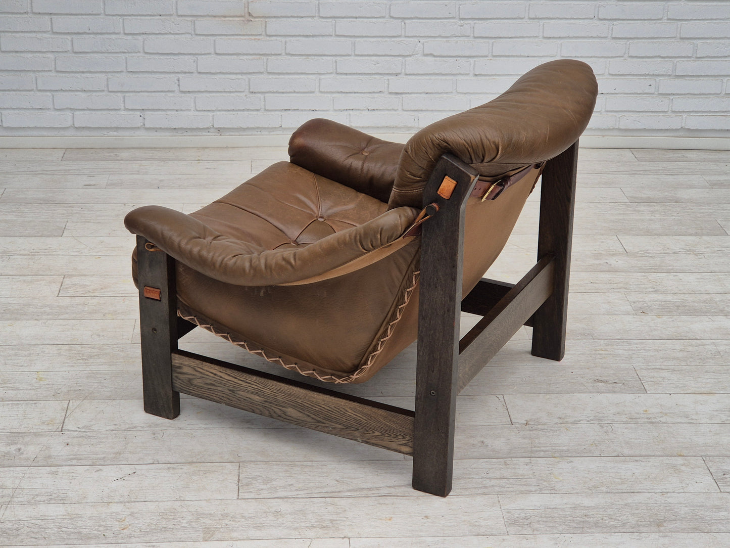 1970s, Scandinavian design, chair in safari style, original condition, leather.