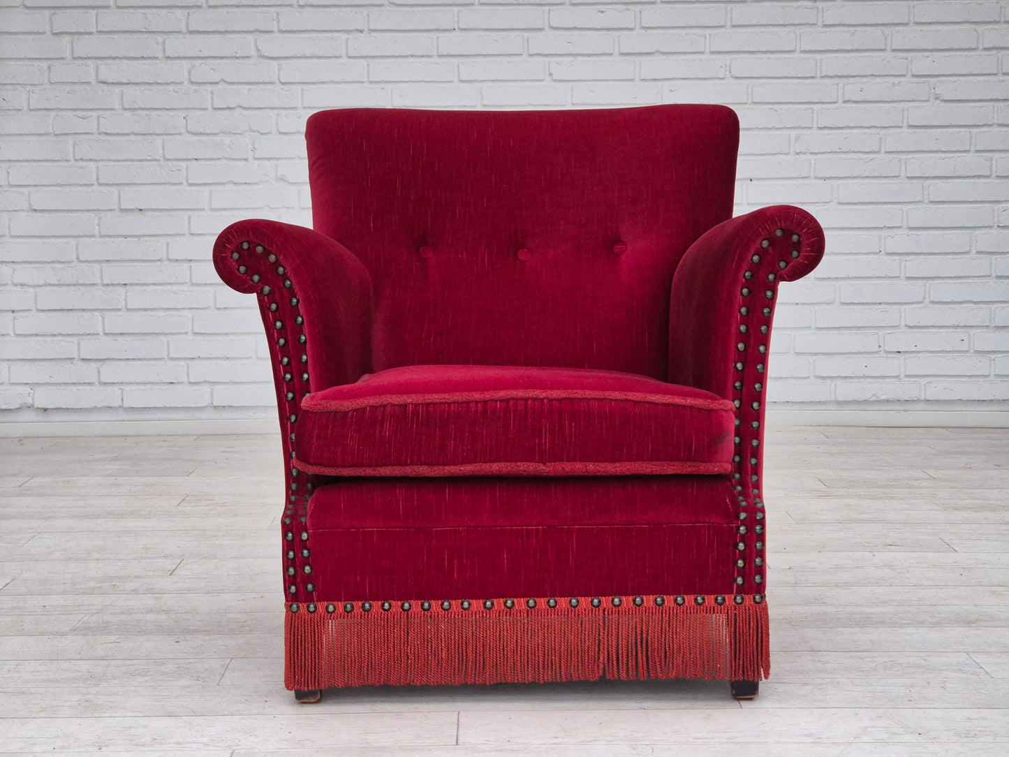 1970s, Danish lounge chair, original condition, cherry-red velour fabric.