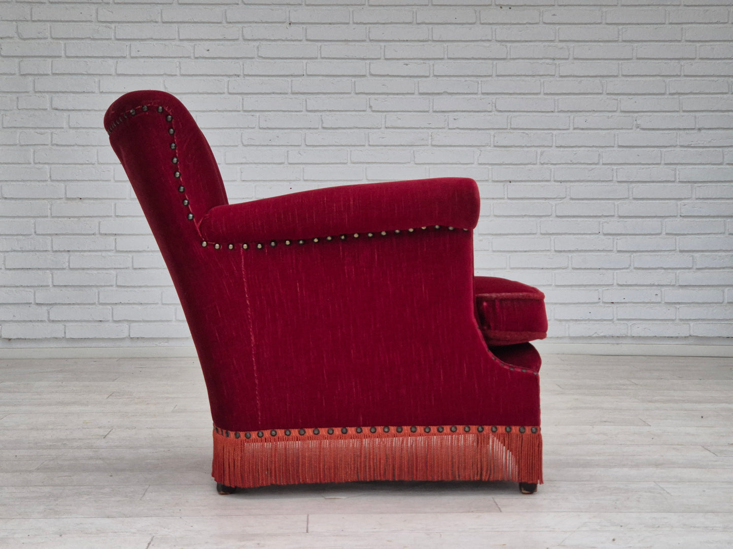 1970s, Danish lounge chair, original condition, cherry-red velour fabric.