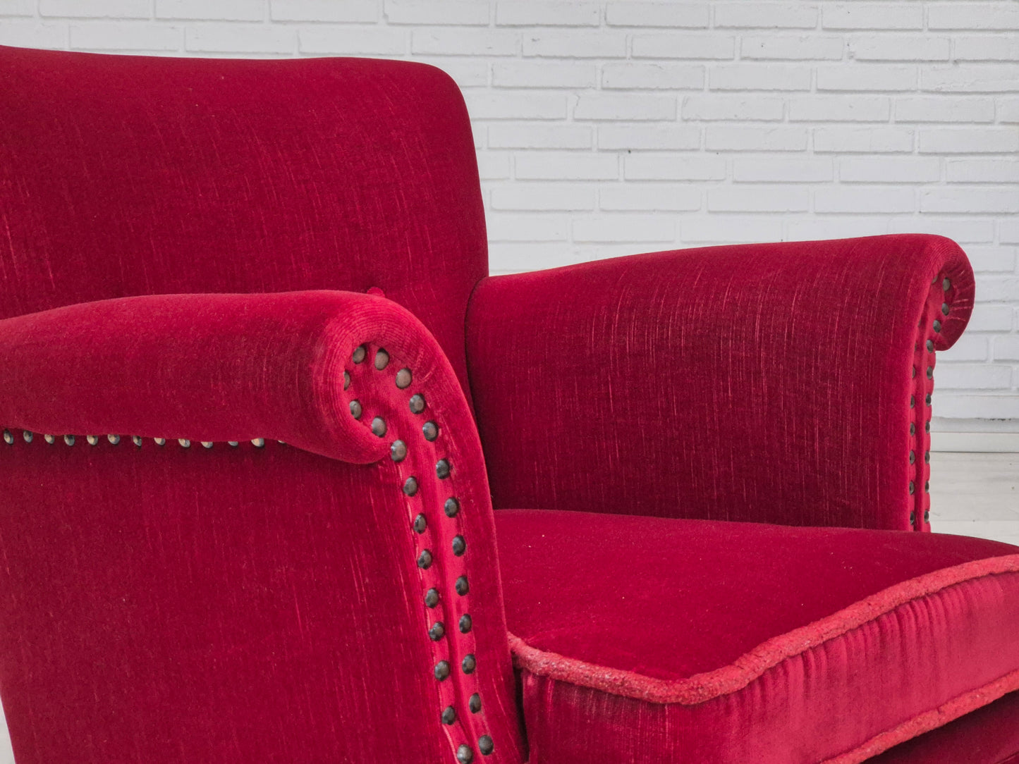 1970s, Danish lounge chair, original condition, cherry-red velour fabric.