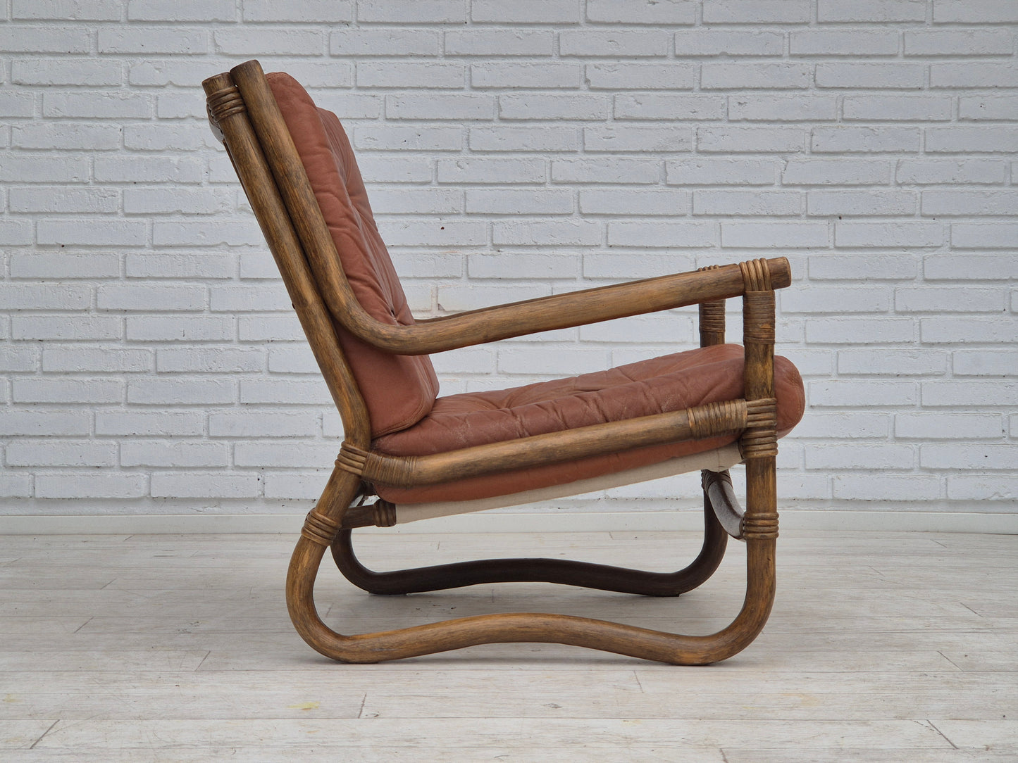 1970s, Scandinavian armchair, original very good condition, bamboo, leather.