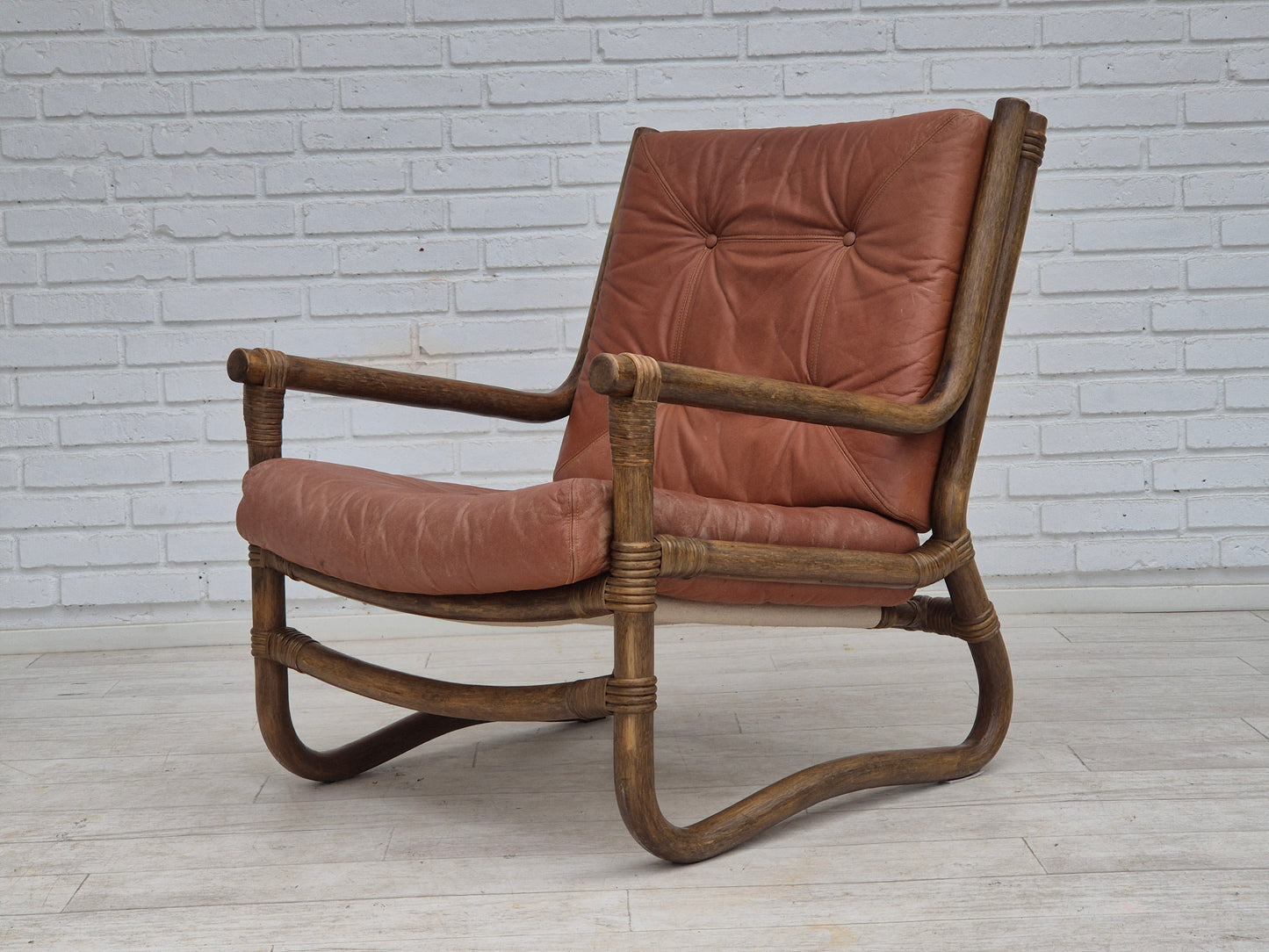 1970s, Scandinavian armchair, original very good condition, bamboo, leather.