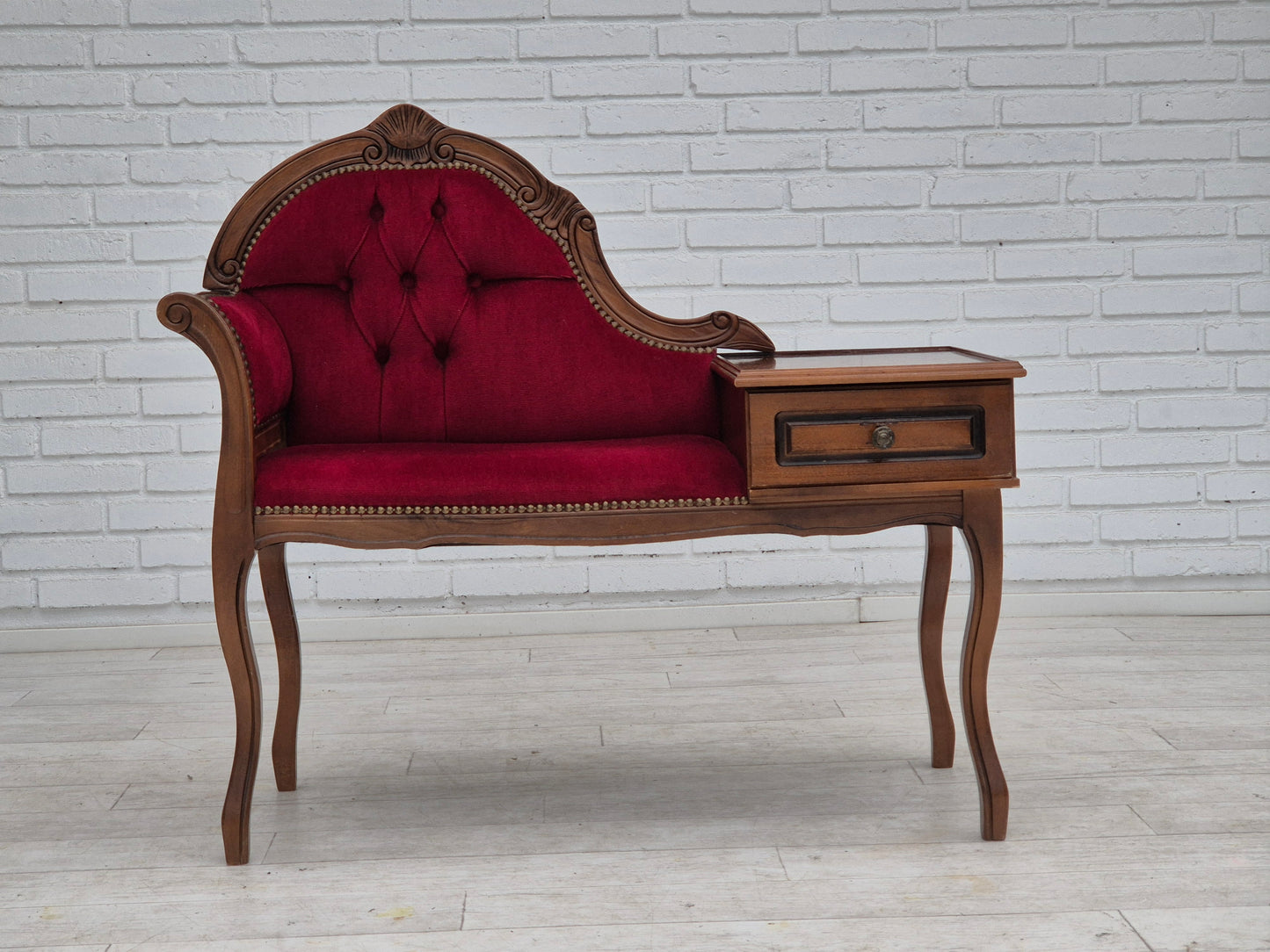 1960s, Danish side bench with drawer, original condition, red furniture velour, ash wood.