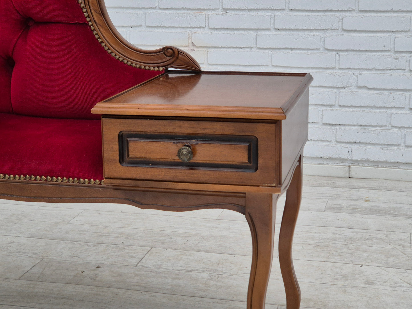 1960s, Danish side bench with drawer, original condition, red furniture velour, ash wood.