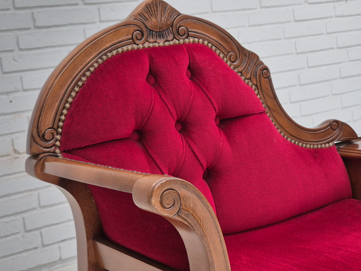 1960s, Danish side bench with drawer, original condition, red furniture velour, ash wood.