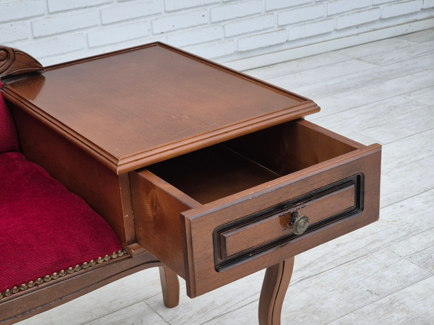 1960s, Danish side bench with drawer, original condition, red furniture velour, ash wood.