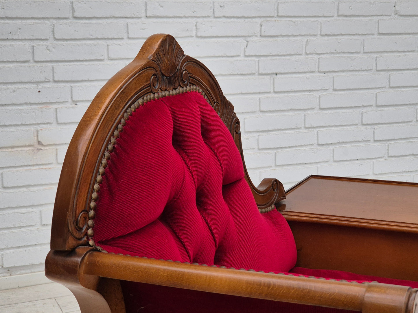 1960s, Danish side bench with drawer, original condition, red furniture velour, ash wood.