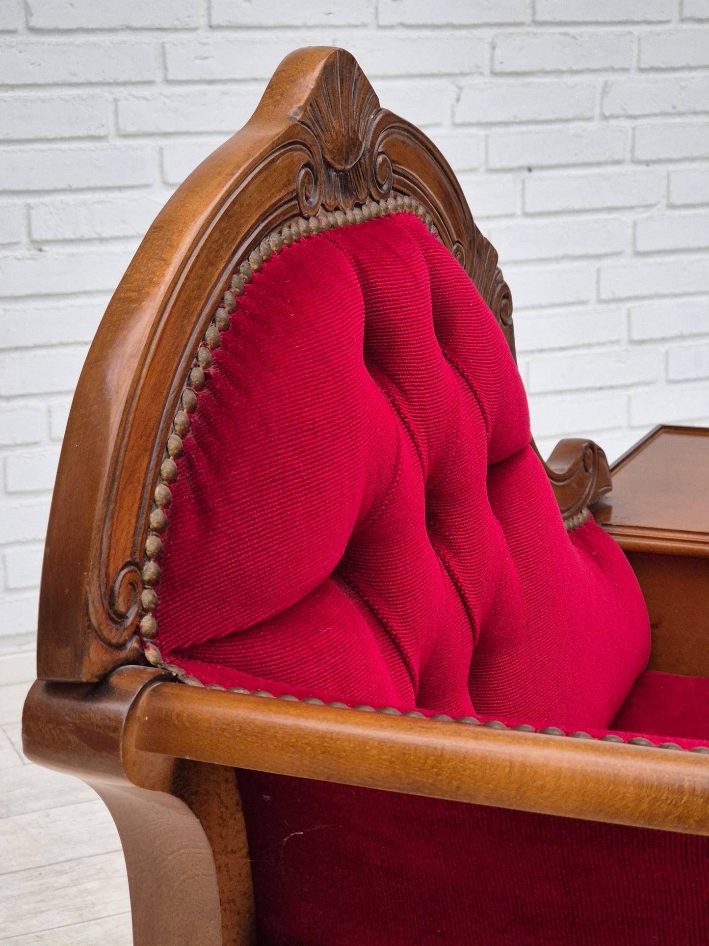 1960s, Danish side bench with drawer, original condition, red furniture velour, ash wood.