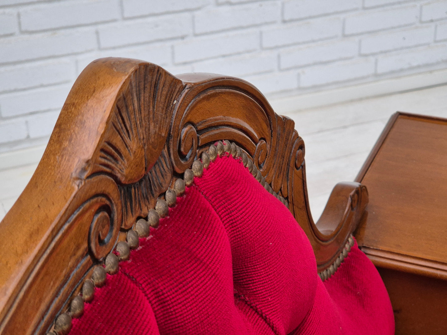 1960s, Danish side bench with drawer, original condition, red furniture velour, ash wood.