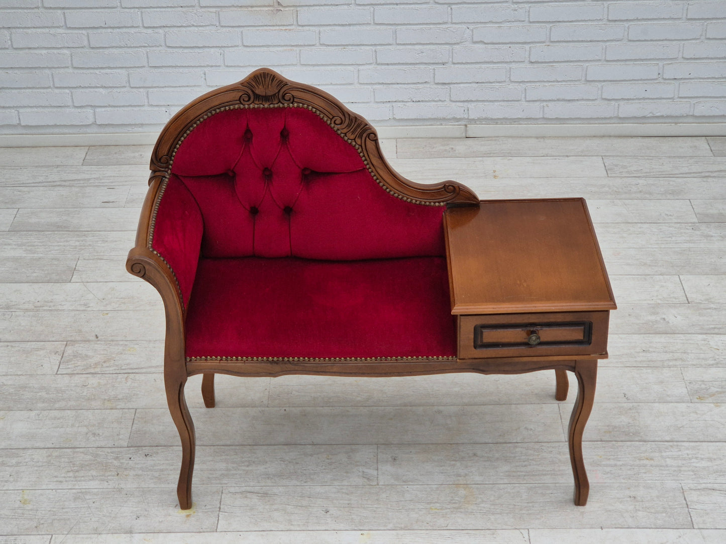 1960s, Danish side bench with drawer, original condition, red furniture velour, ash wood.