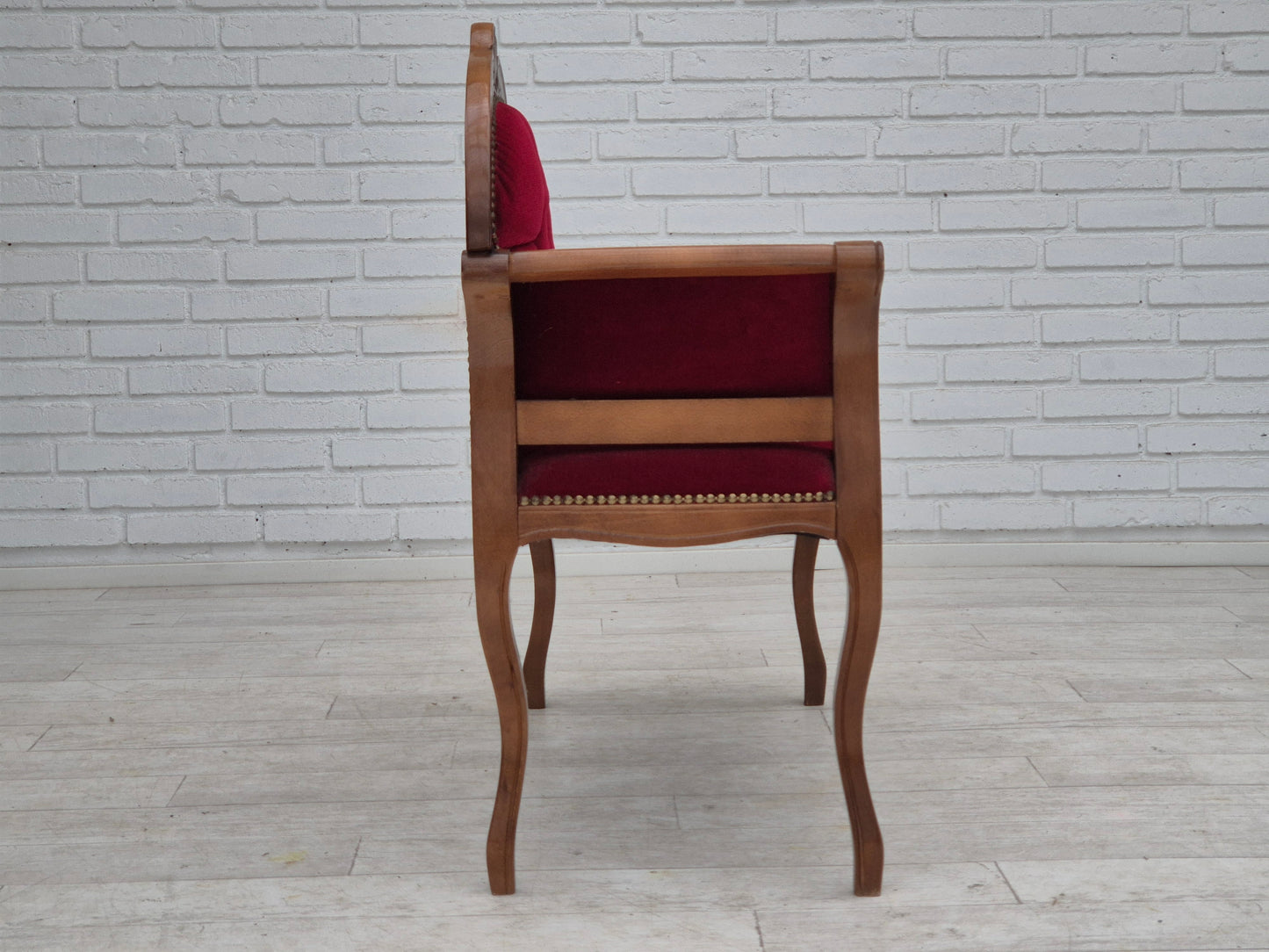 1960s, Danish side bench with drawer, original condition, red furniture velour, ash wood.