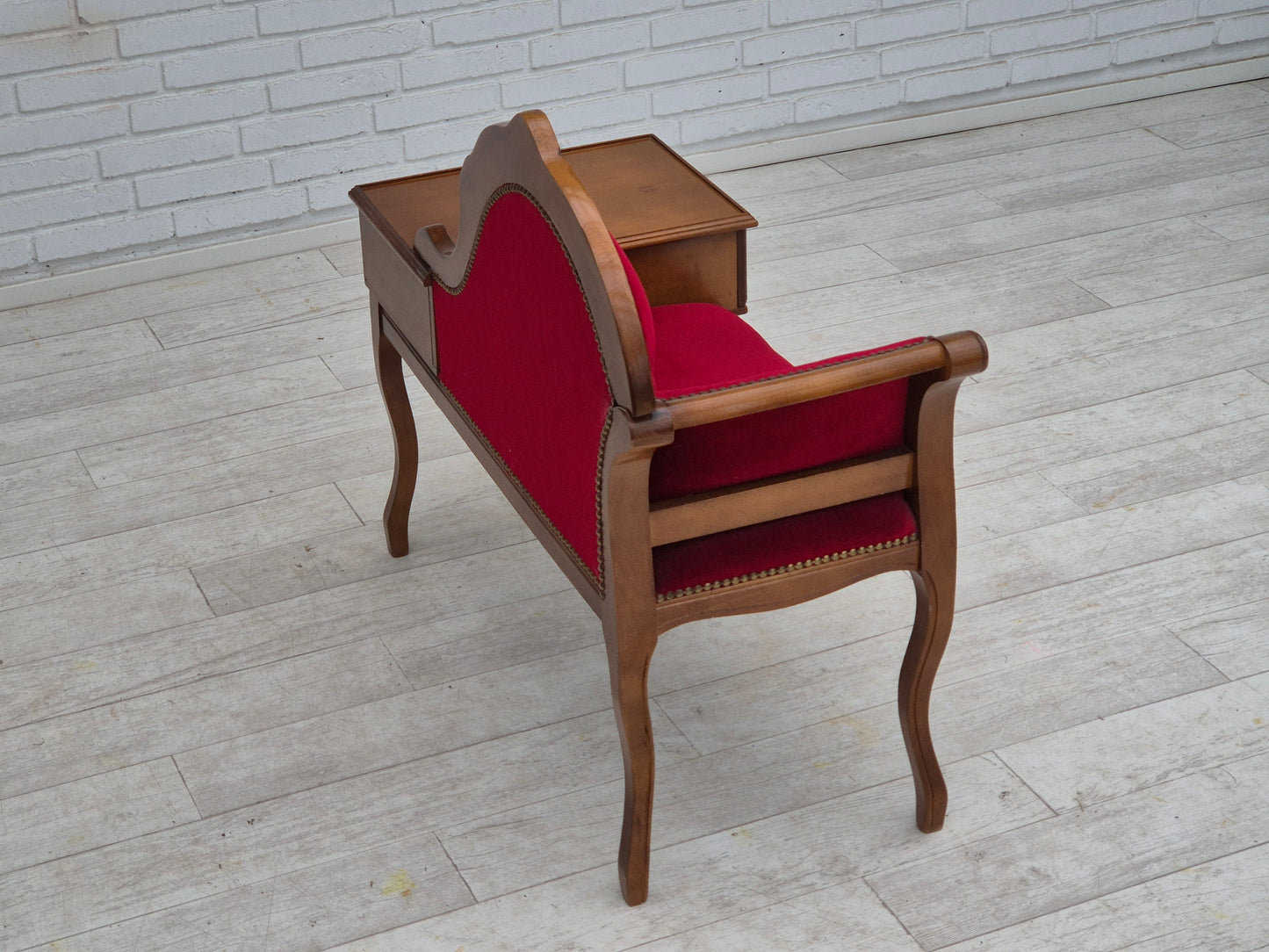 1960s, Danish side bench with drawer, original condition, red furniture velour, ash wood.