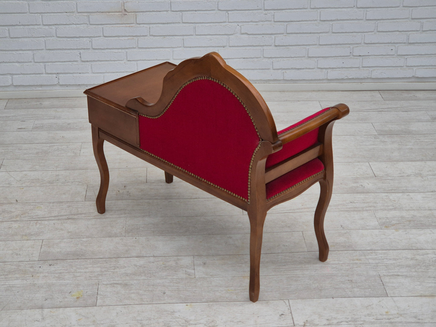 1960s, Danish side bench with drawer, original condition, red furniture velour, ash wood.