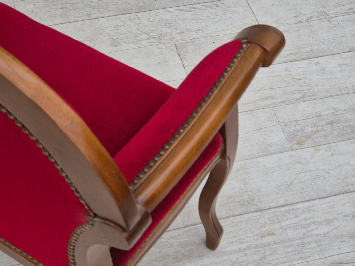 1960s, Danish side bench with drawer, original condition, red furniture velour, ash wood.