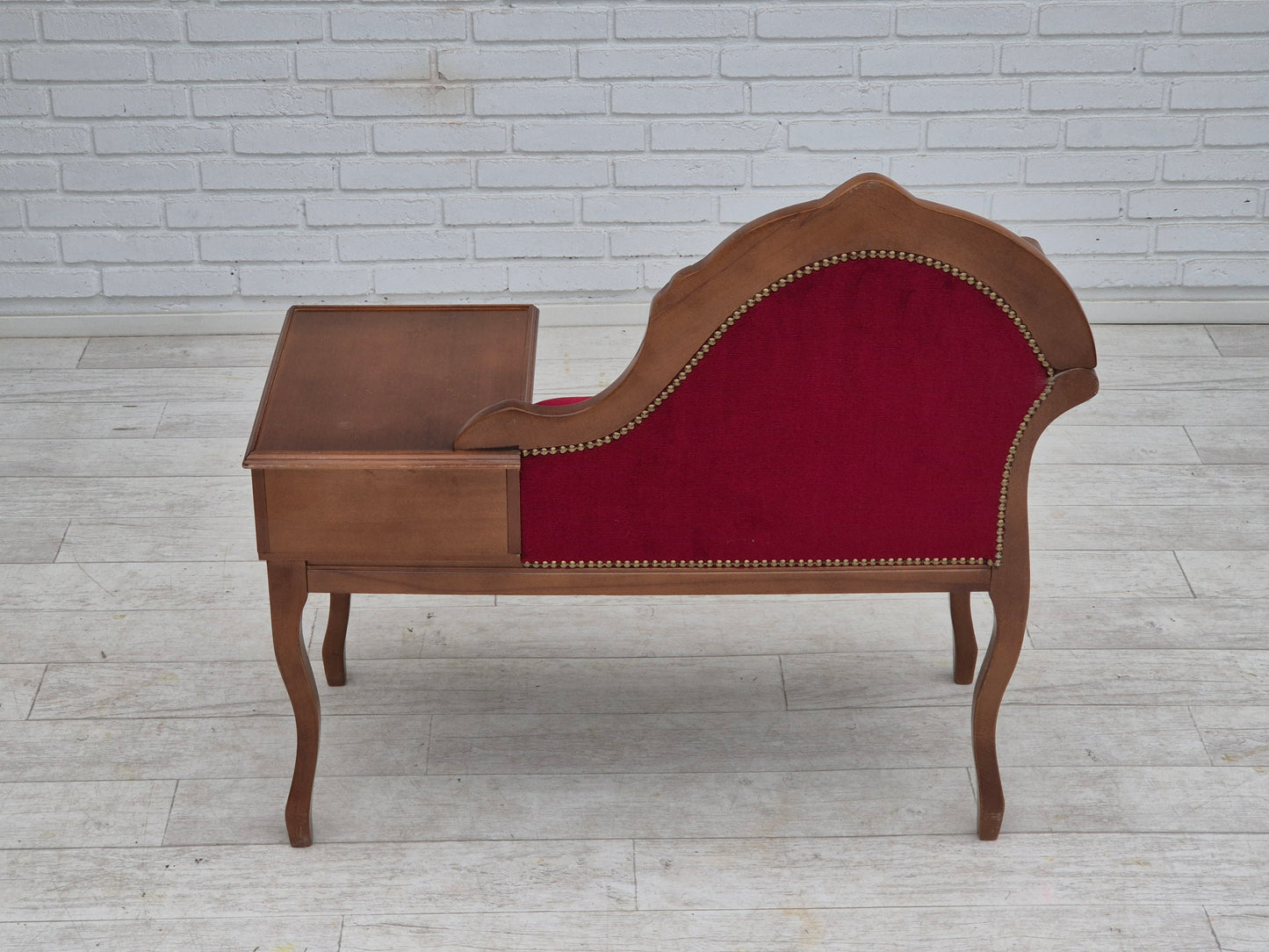 1960s, Danish side bench with drawer, original condition, red furniture velour, ash wood.