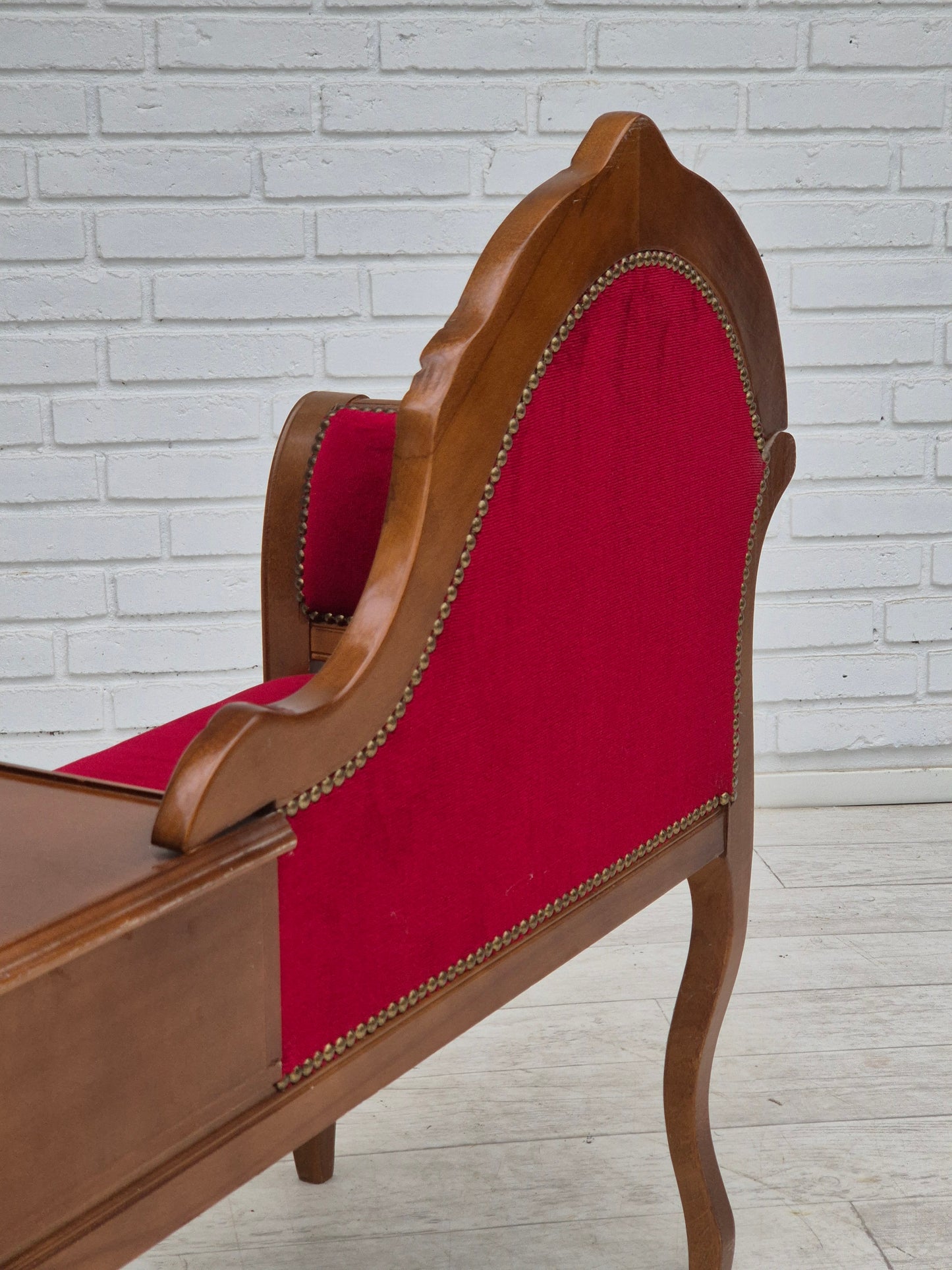 1960s, Danish side bench with drawer, original condition, red furniture velour, ash wood.