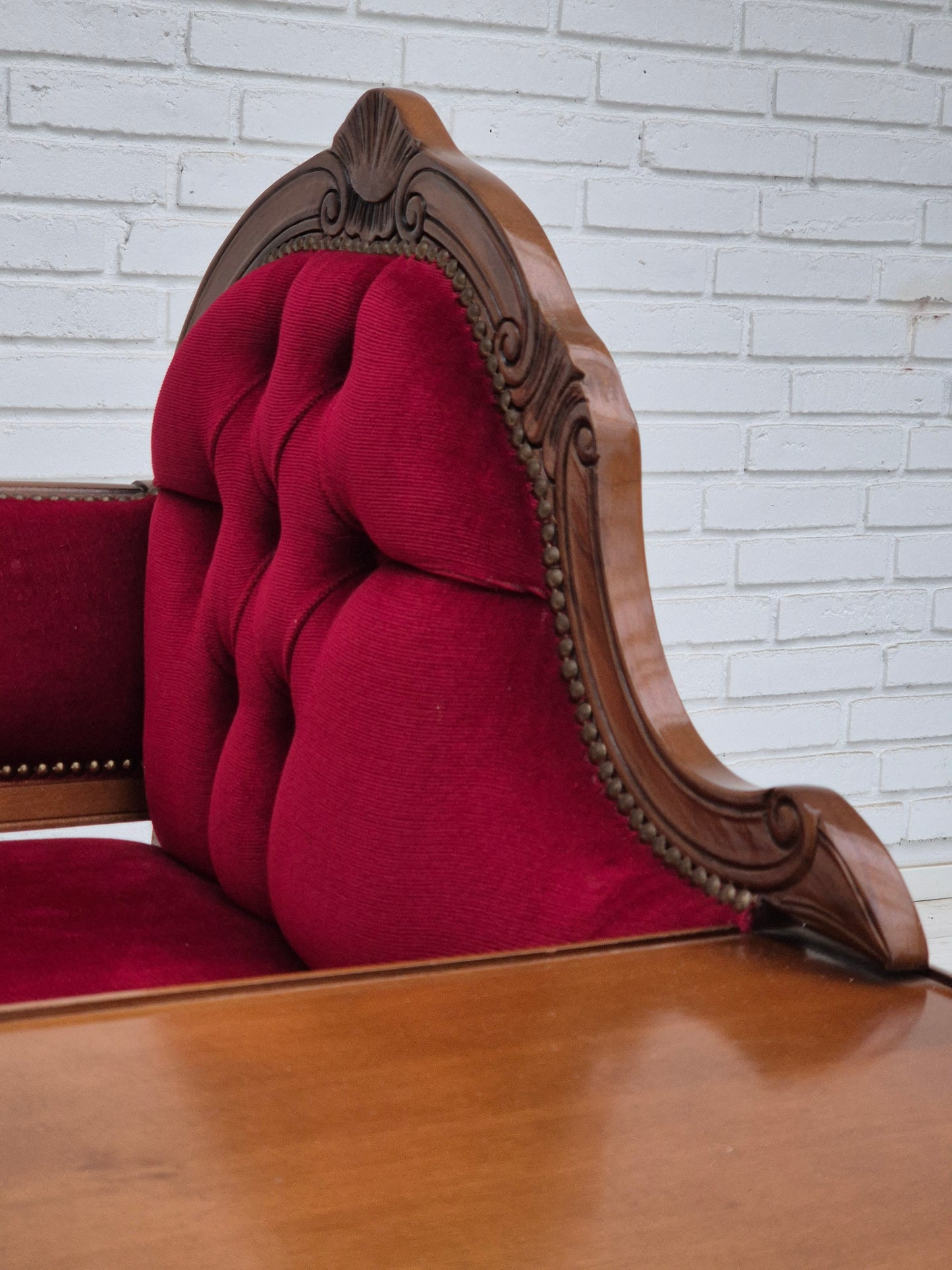 1960s, Danish side bench with drawer, original condition, red furniture velour, ash wood.