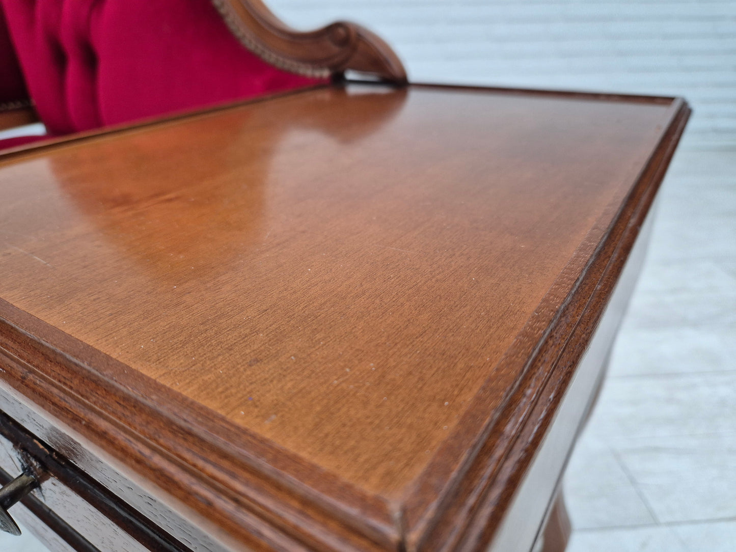 1960s, Danish side bench with drawer, original condition, red furniture velour, ash wood.