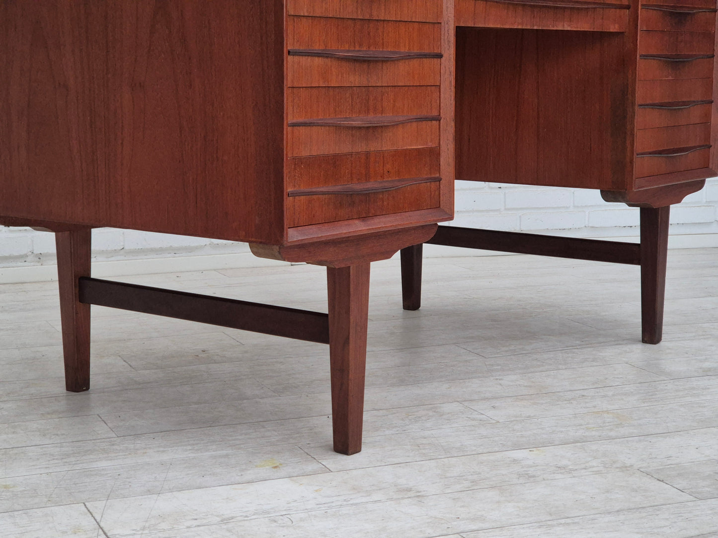 1960s, Danish double-sided, free standing desk, original condition, teak wood, drawers, sliding doors.