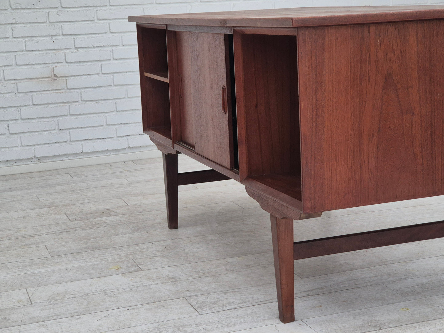 1960s, Danish double-sided, free standing desk, original condition, teak wood, drawers, sliding doors.