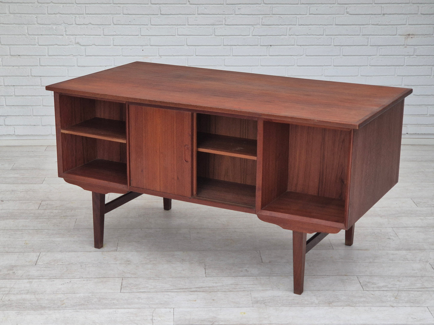 1960s, Danish double-sided, free standing desk, original condition, teak wood, drawers, sliding doors.