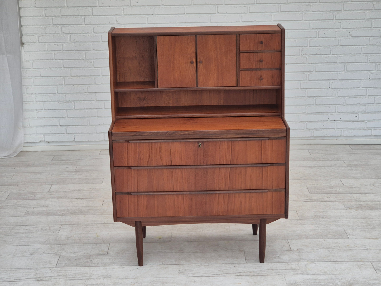 1960s, Danish chest of drawers with a mirror inside, original condition, teak wood.