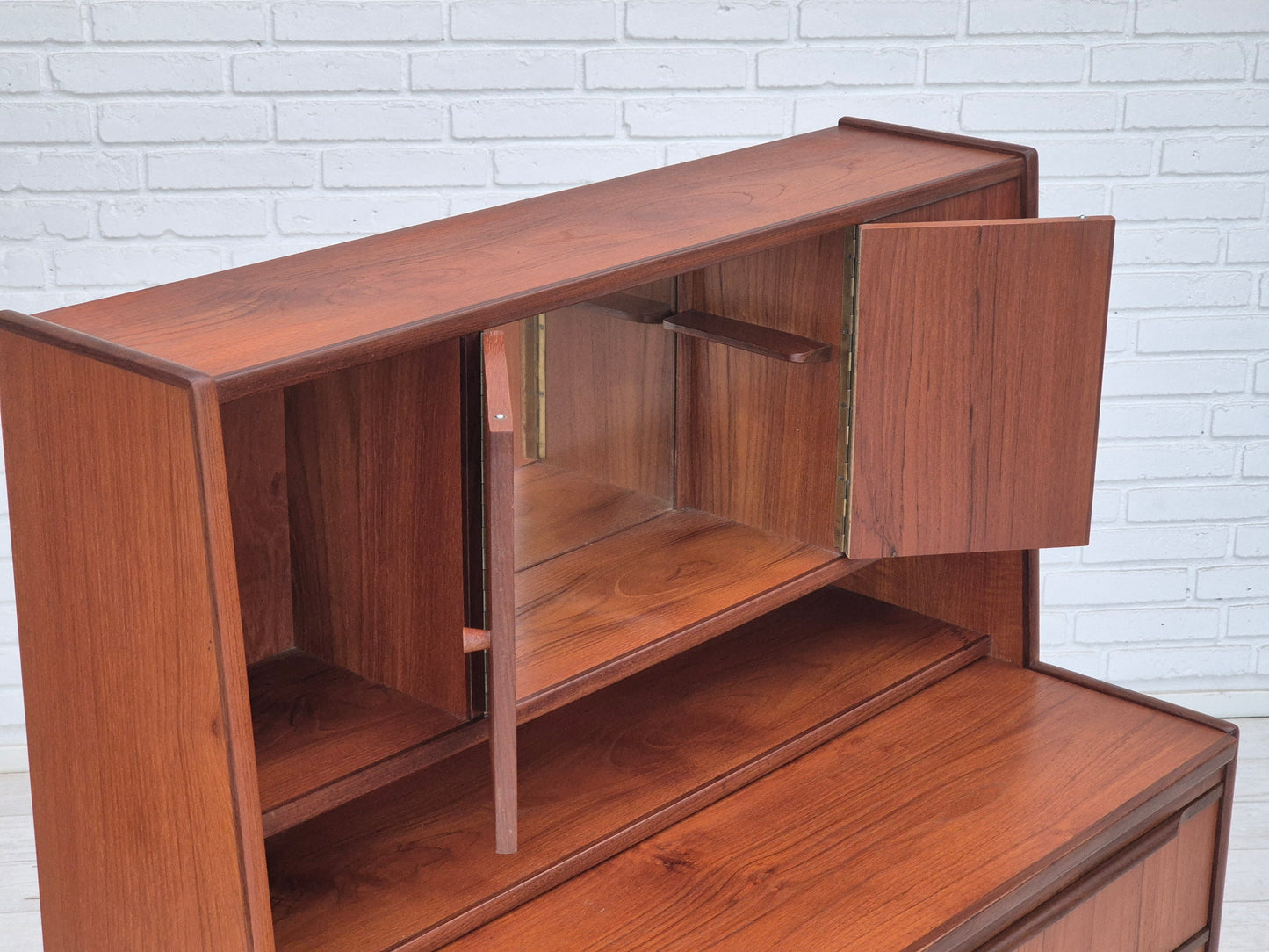 1960s, Danish chest of drawers with a mirror inside, original condition, teak wood.