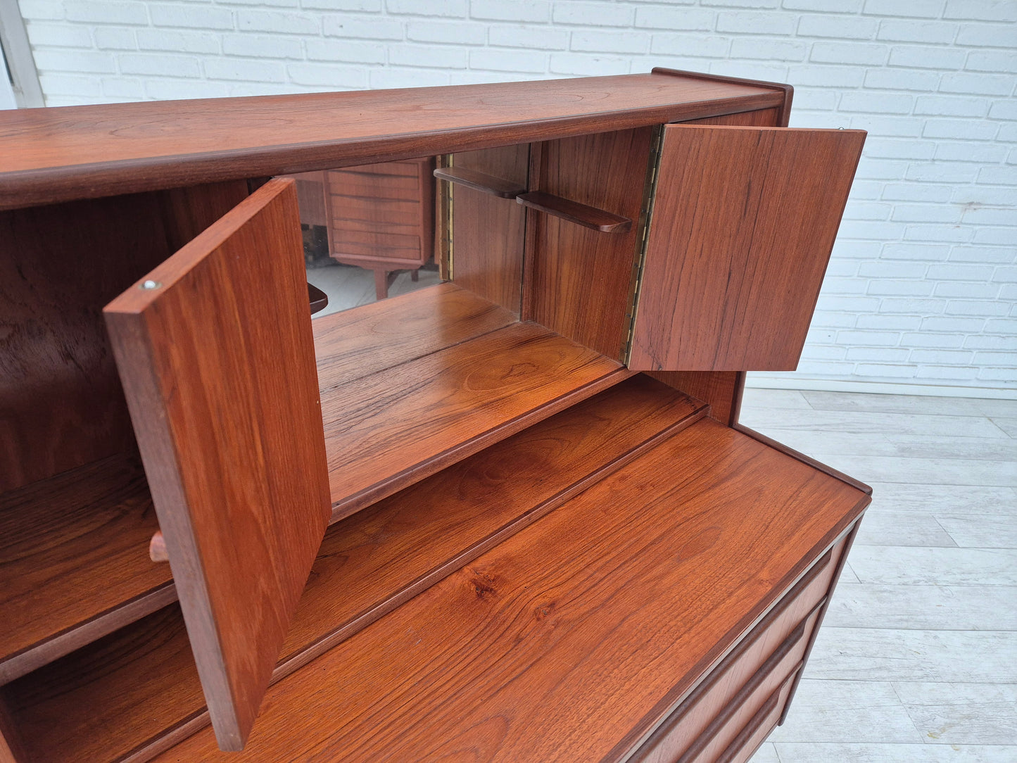 1960s, Danish chest of drawers with a mirror inside, original condition, teak wood.