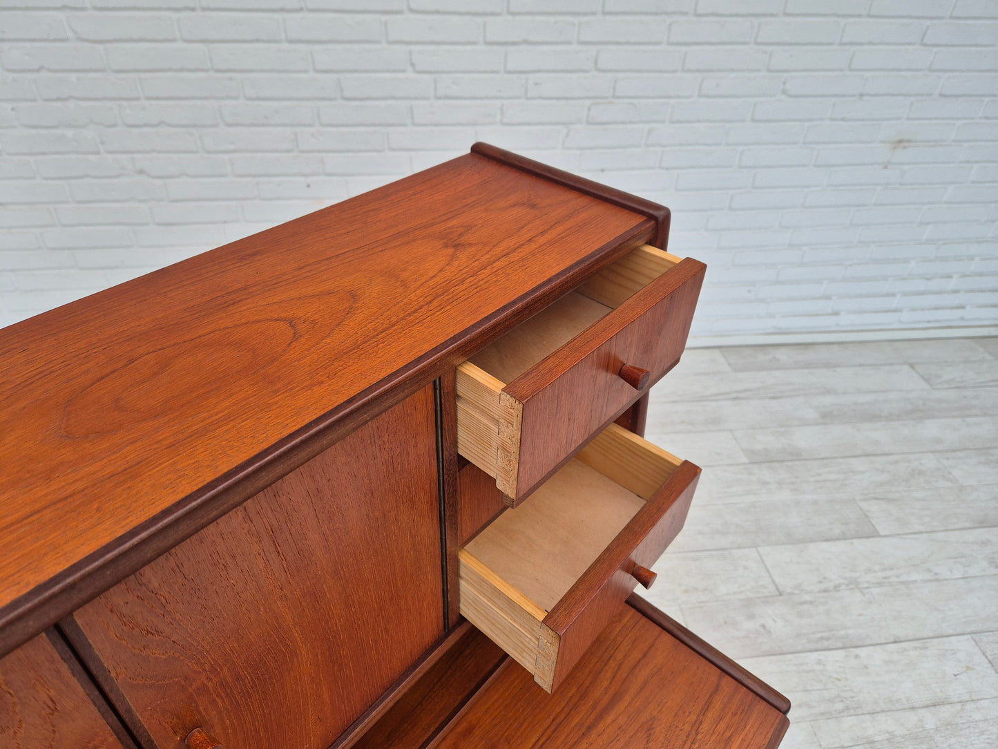 1960s, Danish chest of drawers with a mirror inside, original condition, teak wood.