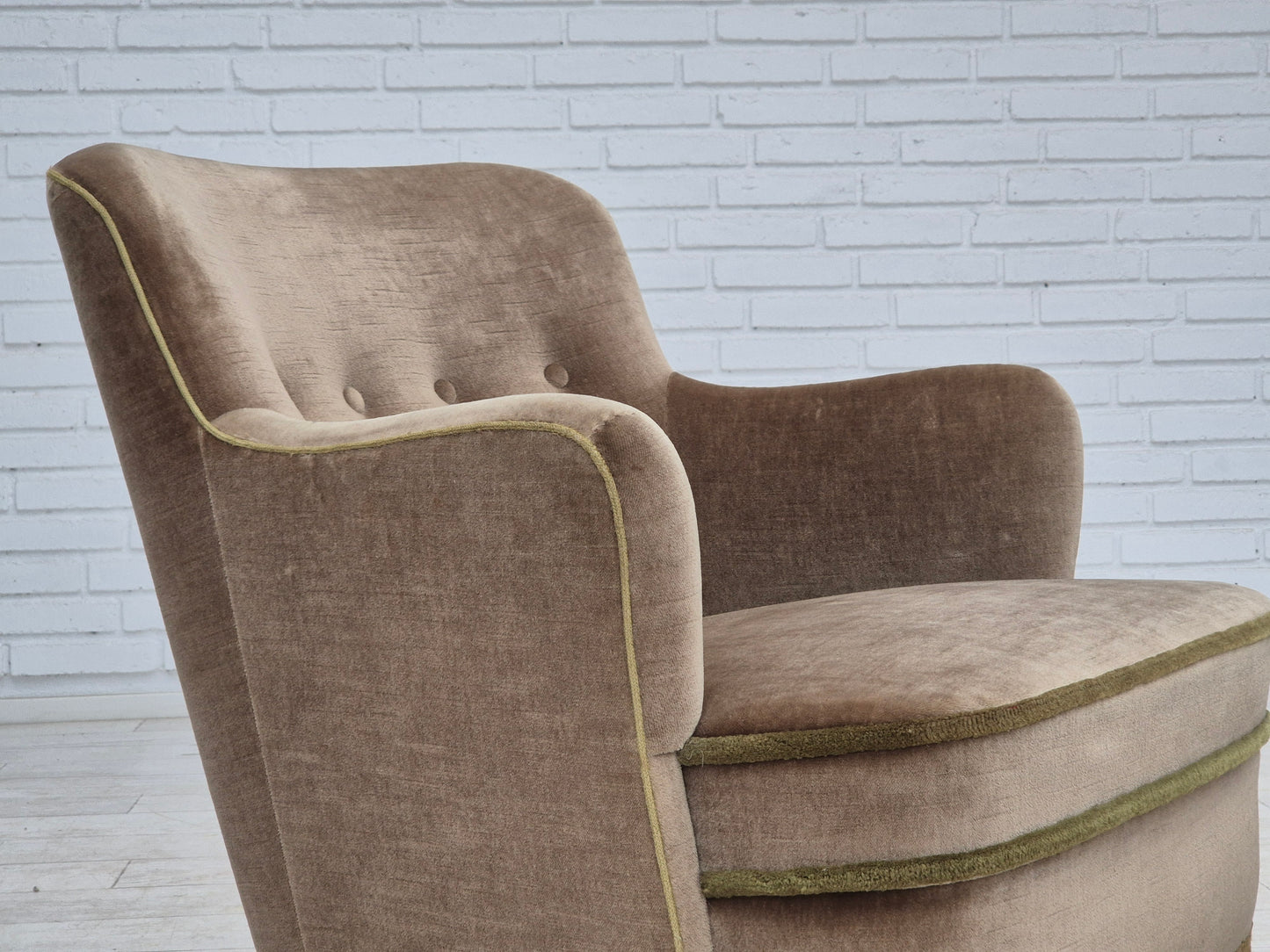 1970s, Danish lounge chair, original condition, furniture velour, beech wood legs.