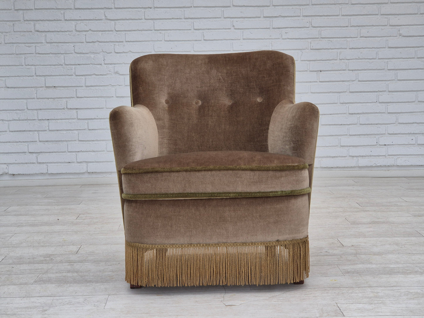 1970s, Danish lounge chair, original condition, furniture velour, beech wood legs.