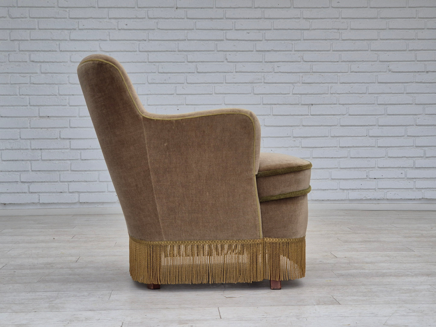 1970s, Danish lounge chair, original condition, furniture velour, beech wood legs.