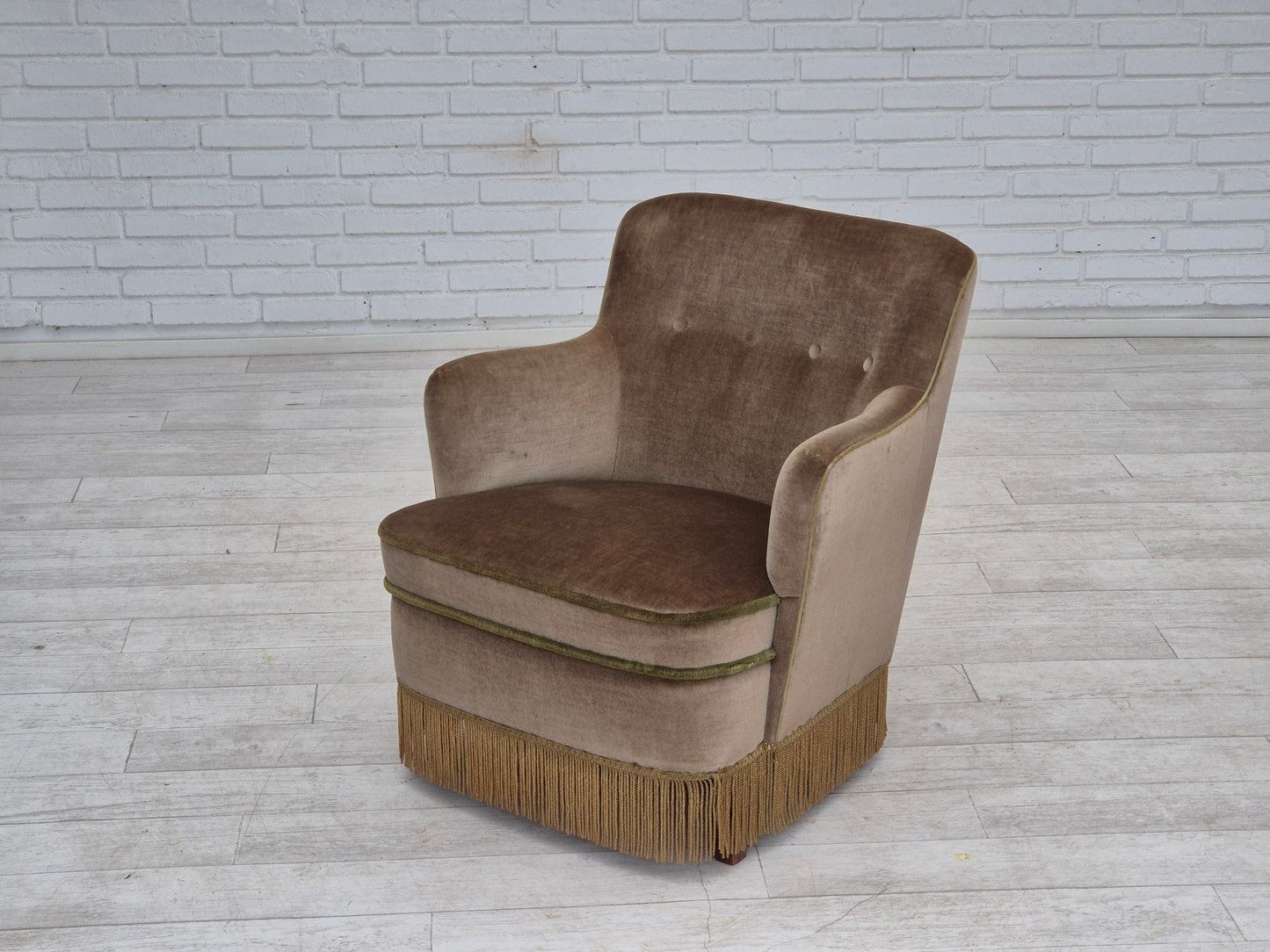 1970s, Danish lounge chair, original condition, furniture velour, beech wood legs.