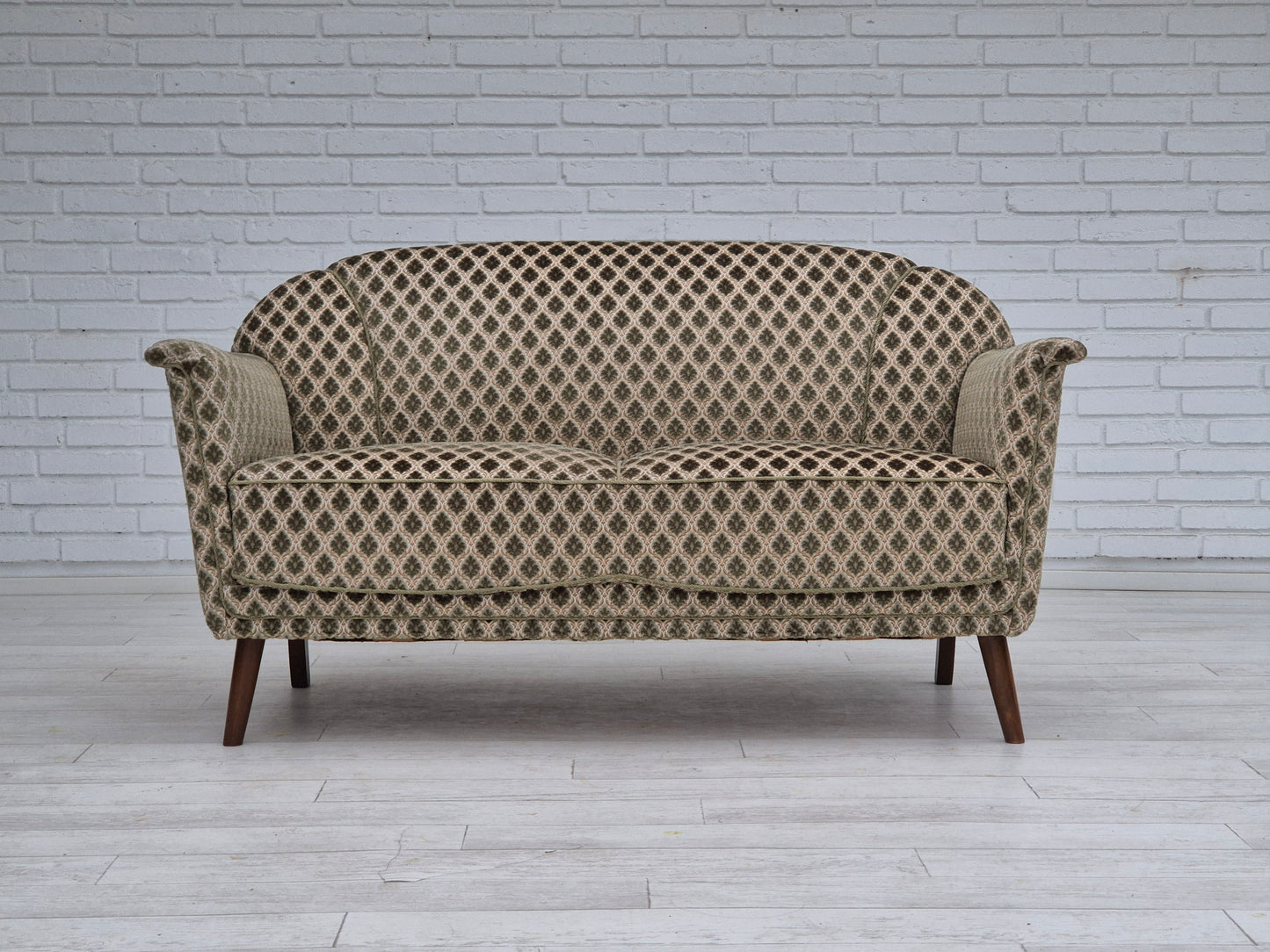 1960s, Danish 2 seater sofa, floral green furniture velour, beech wood.