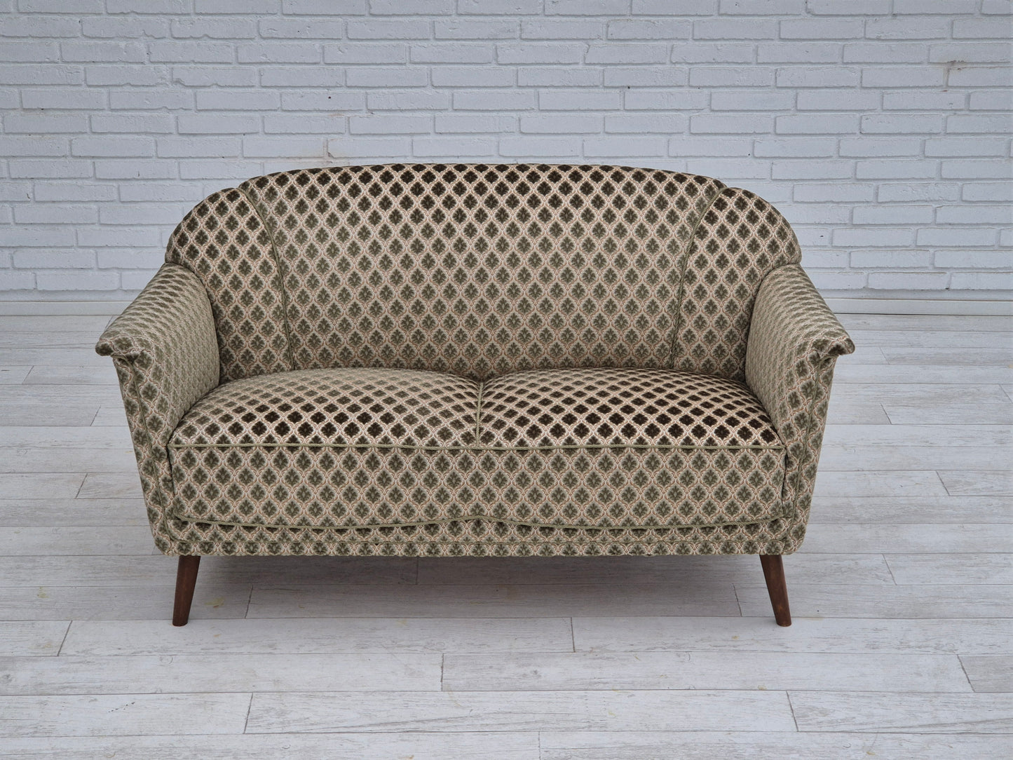 1960s, Danish 2 seater sofa, floral green furniture velour, beech wood.