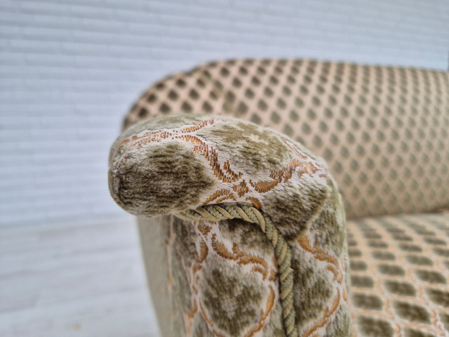 1960s, Danish 2 seater sofa, floral green furniture velour, beech wood.