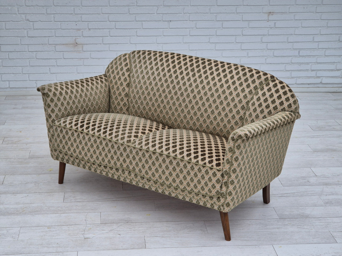 1960s, Danish 2 seater sofa, floral green furniture velour, beech wood.