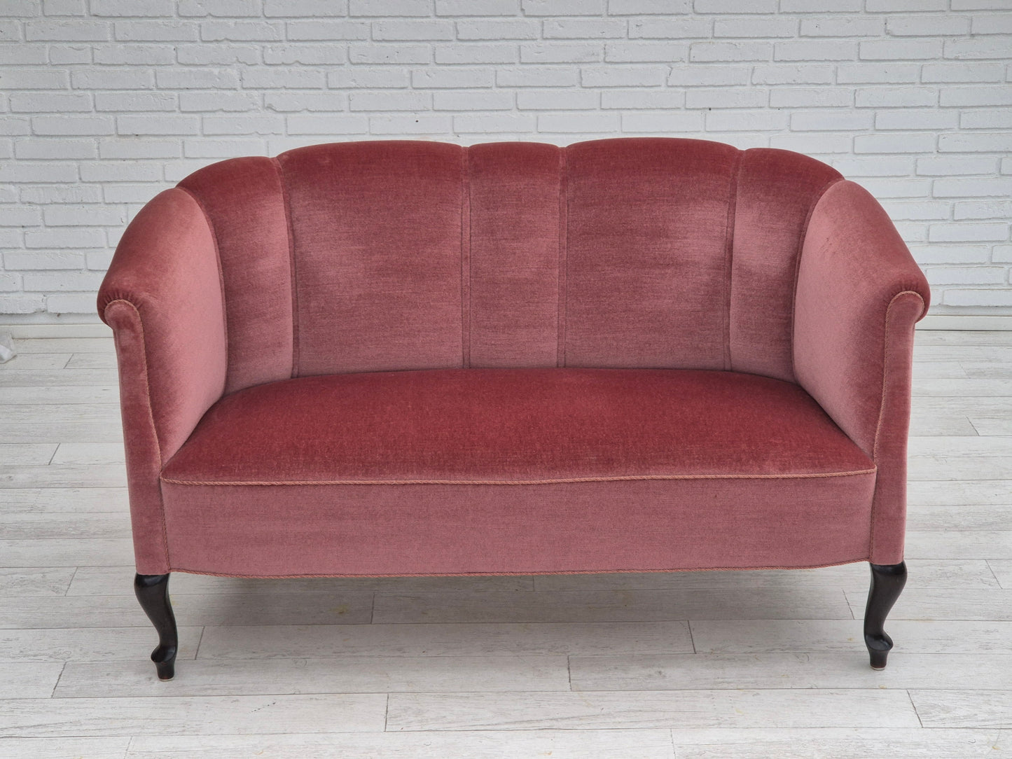 1960s, Danish 2 seater sofa, light pink furniture velour, beech wood.