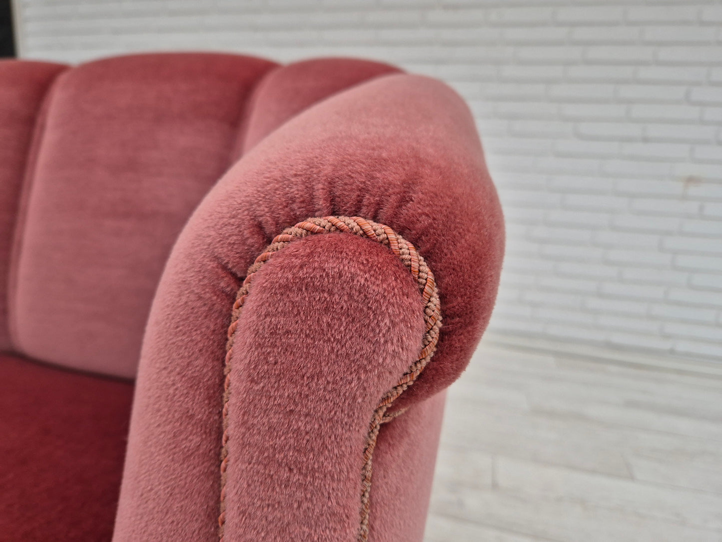 1960s, Danish 2 seater sofa, light pink furniture velour, beech wood.