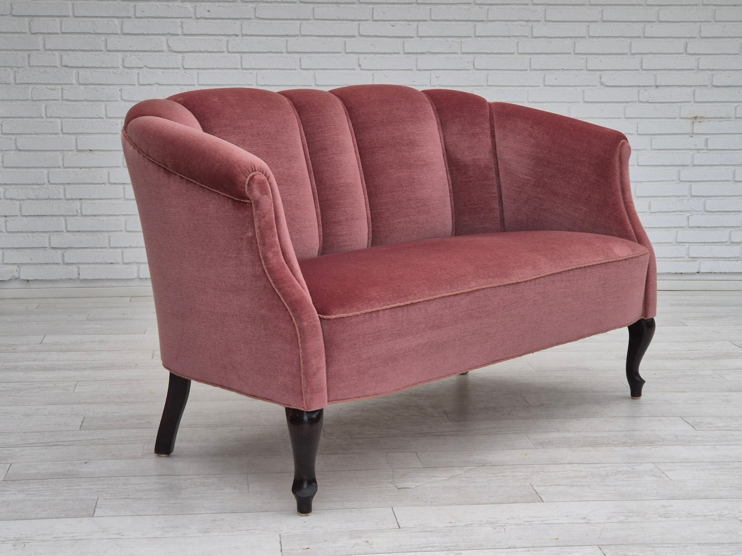 1960s, Danish 2 seater sofa, light pink furniture velour, beech wood.