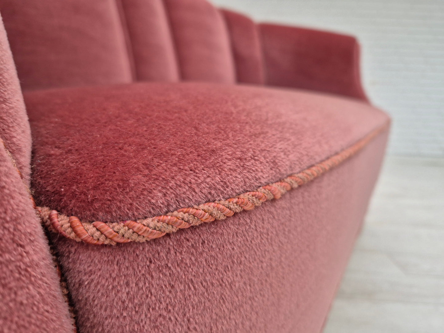 1960s, Danish 2 seater sofa, light pink furniture velour, beech wood.