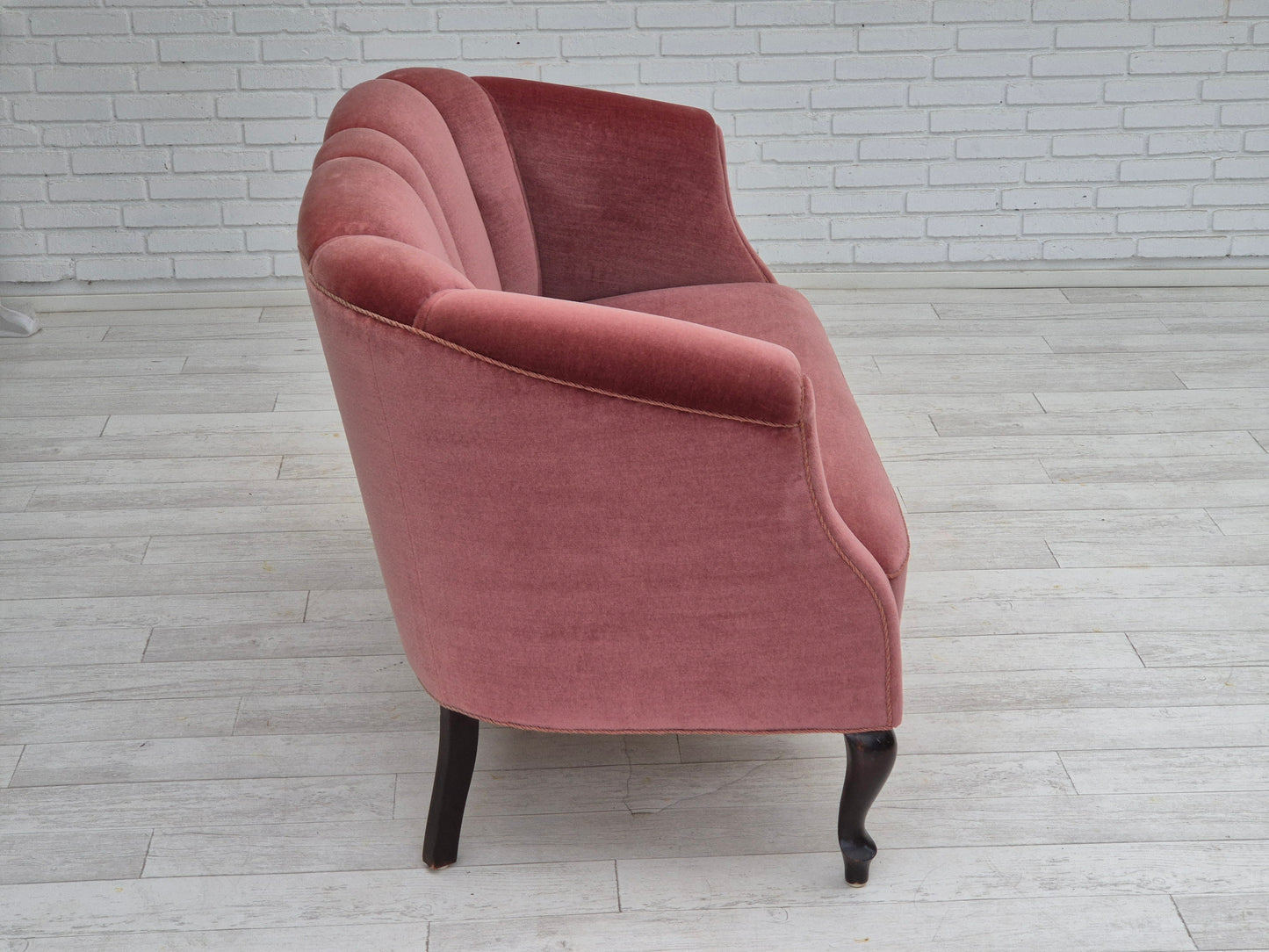 1960s, Danish 2 seater sofa, light pink furniture velour, beech wood.