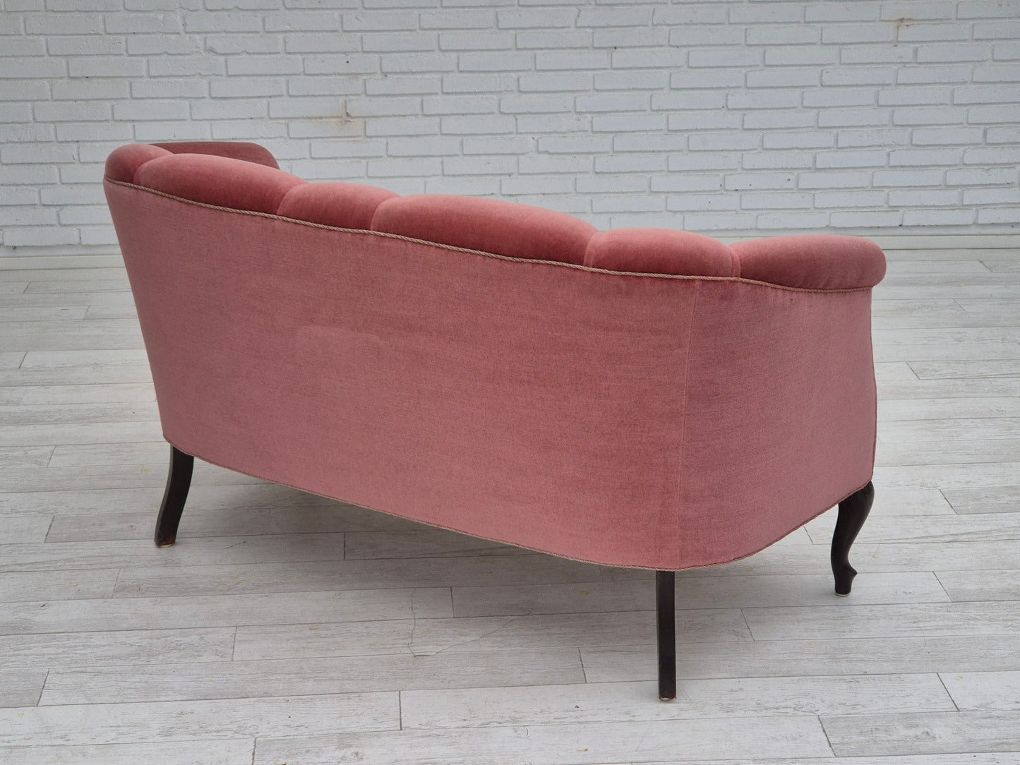 1960s, Danish 2 seater sofa, light pink furniture velour, beech wood.