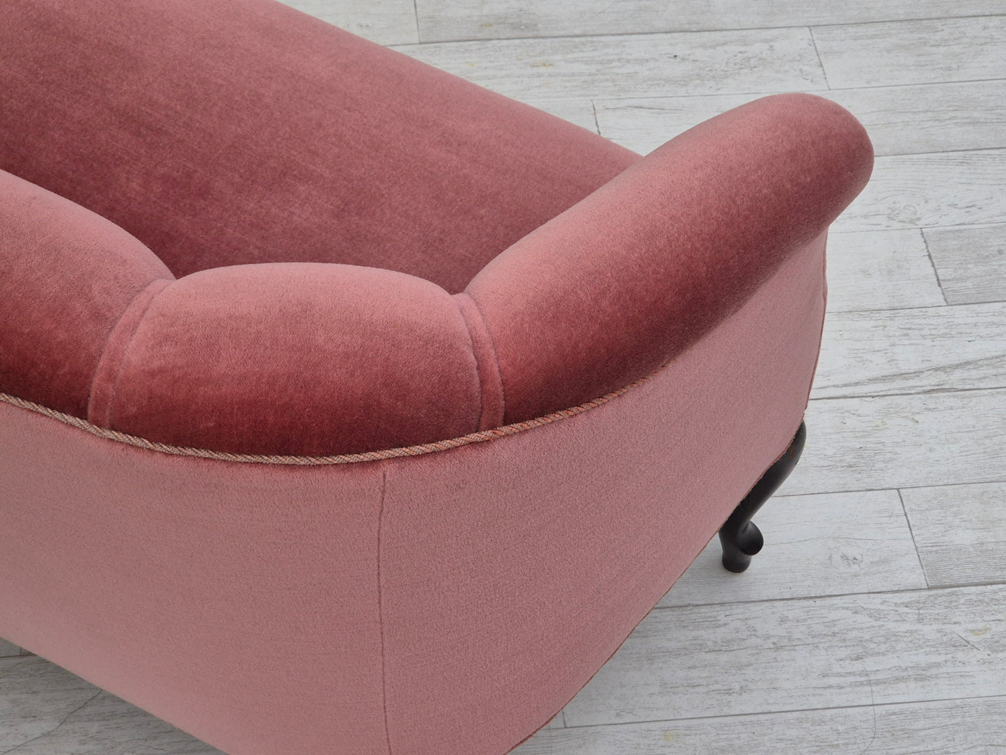 1960s, Danish 2 seater sofa, light pink furniture velour, beech wood.