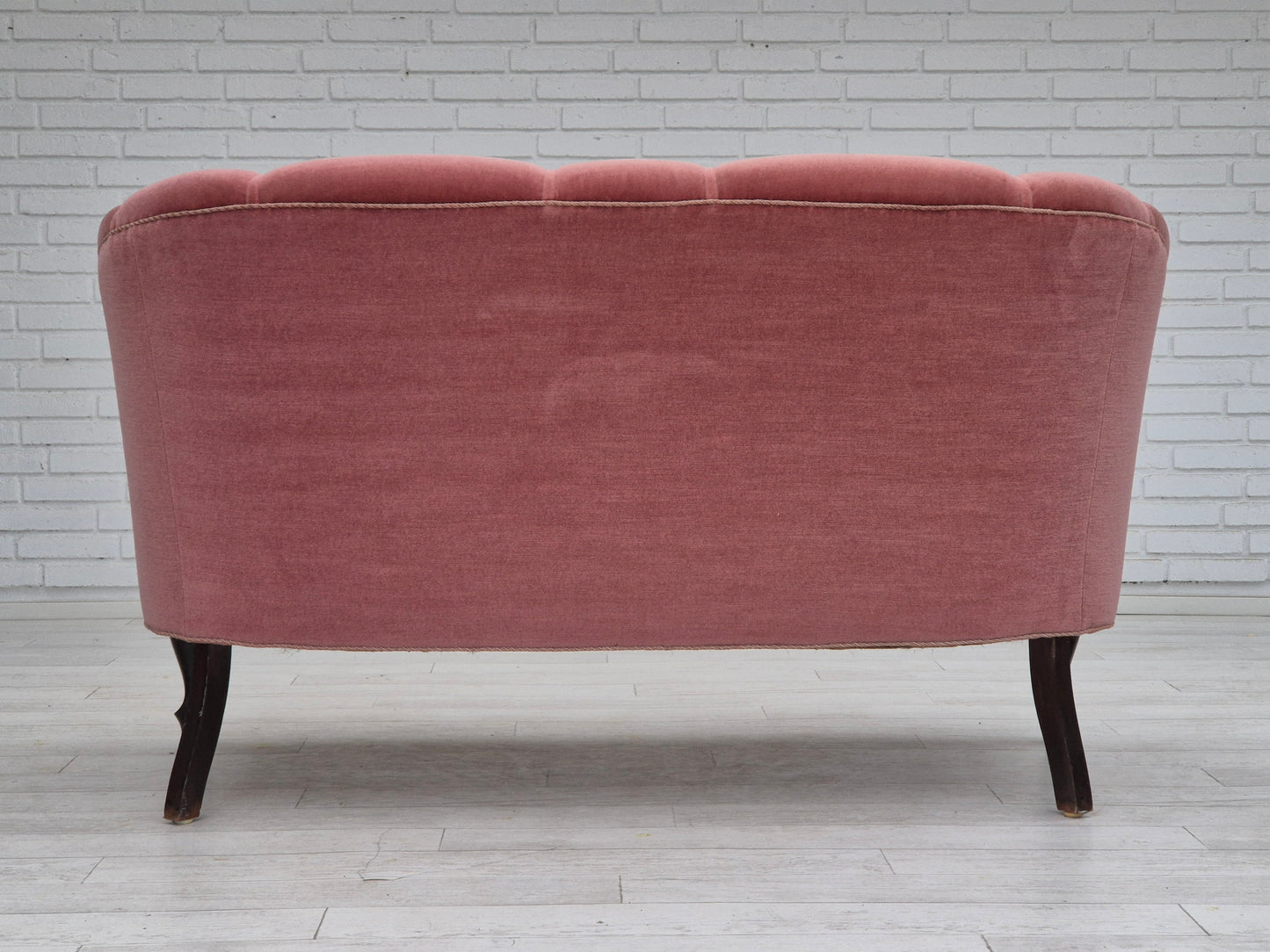 1960s, Danish 2 seater sofa, light pink furniture velour, beech wood.