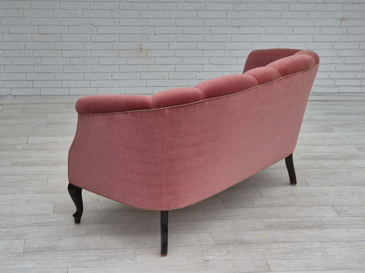 1960s, Danish 2 seater sofa, light pink furniture velour, beech wood.