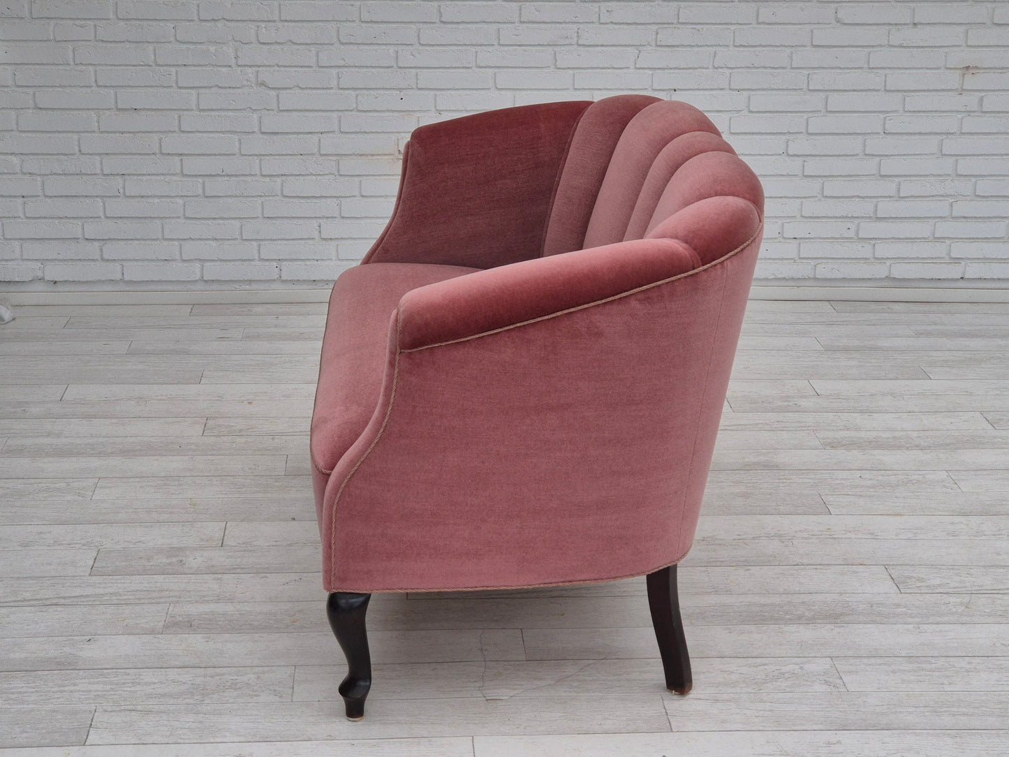 1960s, Danish 2 seater sofa, light pink furniture velour, beech wood.