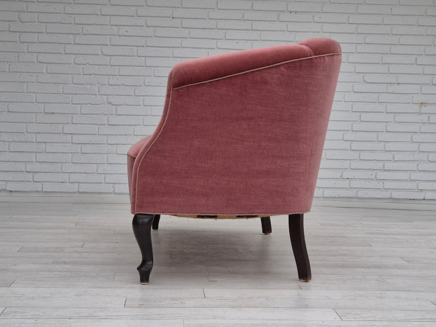 1960s, Danish 2 seater sofa, light pink furniture velour, beech wood.